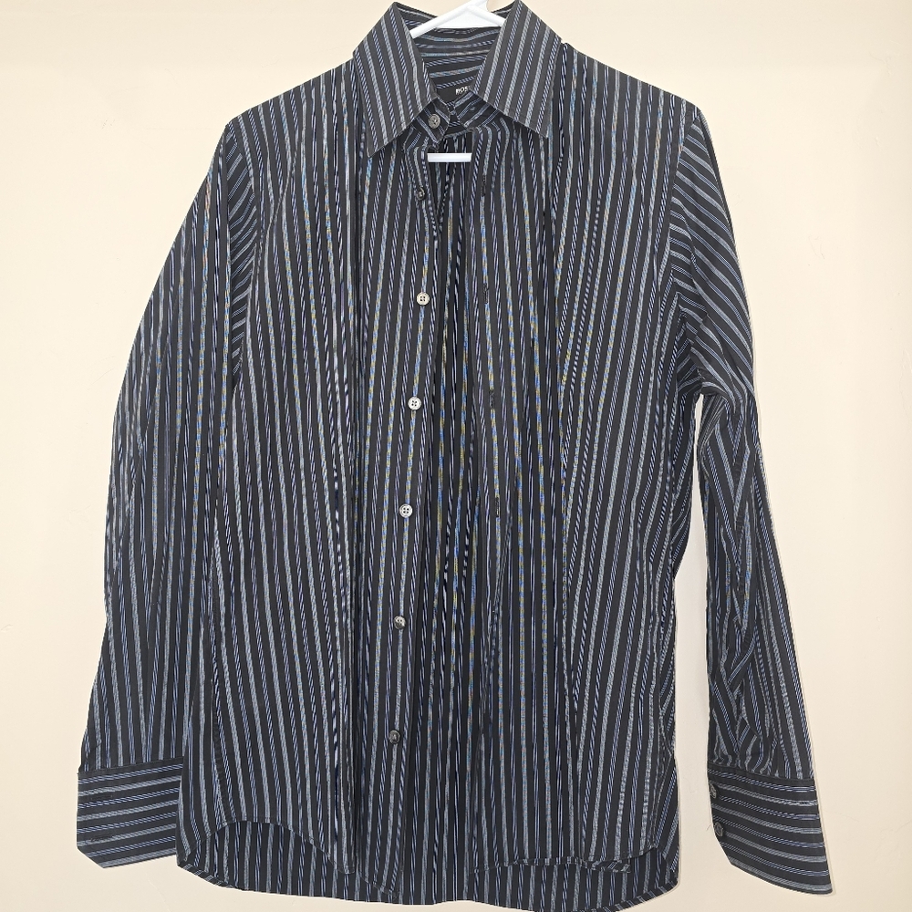 Hugo Boss Shirt Mens 15 32/33 Black Blue Striped Button Up Long Sleeve Dress